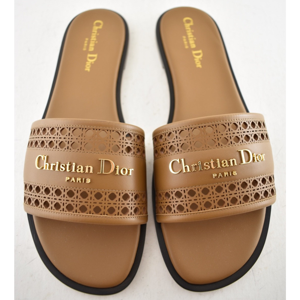Dior D-Lane Dway Micro Cannage Chestnut Brown Leather Logo Slide Flat Sandal 37 - Picture 2 of 16